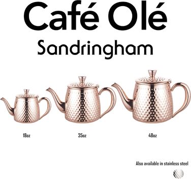 Café Olé Sandringham Teapot with Hammered Finish made from high-quality 18/10 stainless steel and surface – 0.5L, drip-free pouring, hollow handles (35oz, Copper)