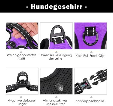 Шлейка для собак PHOEPET регульована, для прогулянок, з карабіном, світловідбиваючими смугами, ручкою, для малих та великих собак (S, фіолетовий)