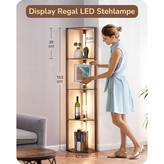 LED торшер EDISHINE з 4 полицями з дерева, торшер для вітальні, регульоване освітлення, 3 колірні температури, поворотний світловий стержень, підсвічування полиць, футовим вимикачем (темно-горіховий)