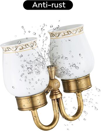Home Antike Toothbrush Holder, Brass Tooth Cup Holder, Retro Classic Solid Copper Toothbrush Holder and Ceramic Glass Shape Double Toothbrush Holder