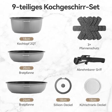 Набір посуду 9-ти частинний з знімним ручками, антипригарне покриття, керамічна сковорода, набір каструль з кришками, для всіх типів плит, безпечний у духовці (сірий)