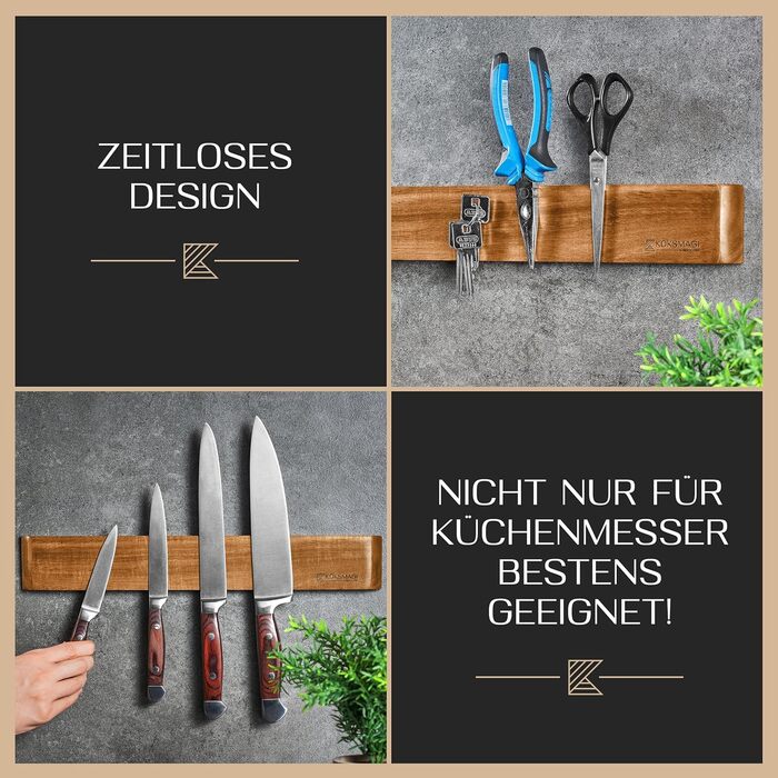 KÖKSMAGI® Magnetic Knife Strip OSKAR (40 cm) - magnetic wooden knife strip with an extremely strong magnet for heavy knives - self-adhesive (3M adhesive tape) & with drilling accessories