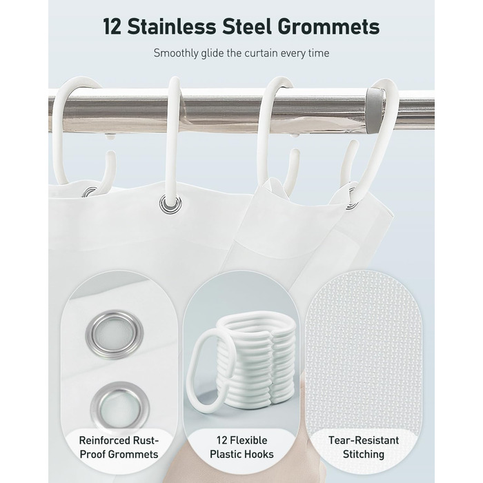 Шторка для душу Uniclife, біла, 180x180 см, тканинна, водонепроникна, з 12 міцними люверсами та обтяженим низом для ванни