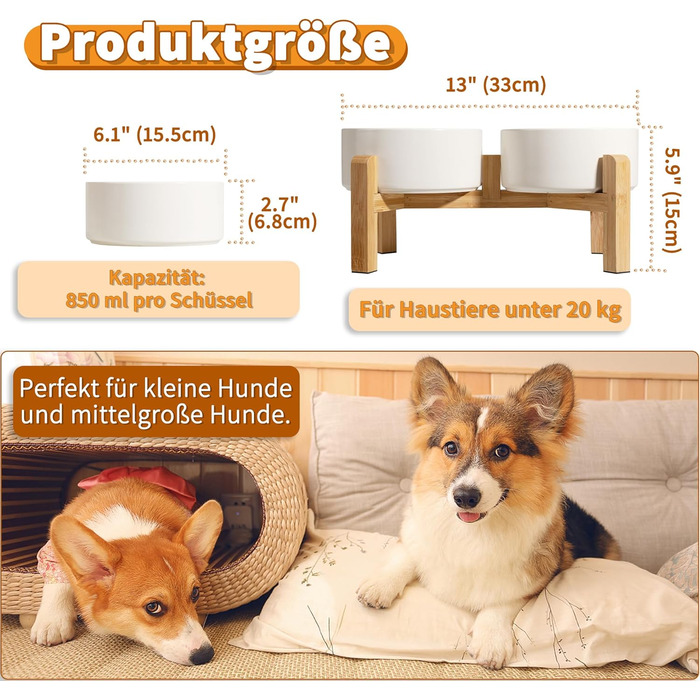 Elevated Dog Bowl Set - Ceramic Double Bowls with Non-Slip Stand - 2 Pack, 850ml Each - Ideal for Small & Medium Dogs