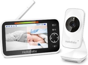 Дитячий відеоняня HelloBaby з камерою та аудіо, 5-дюймовий кольоровий LCD-дисплей, інфрачервона нічне бачення, режим VOX, індикатор температури, моніторинг сну