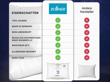 ZOLLNER 2-Pack Deluxe Down Pillow - Made in Germany – Suitable for allergy sufferers – Cover made of high-quality Mako cotton - washable up to 60°C - 60x80 cm - Hotel quality 60 x 80 cm 2-pack