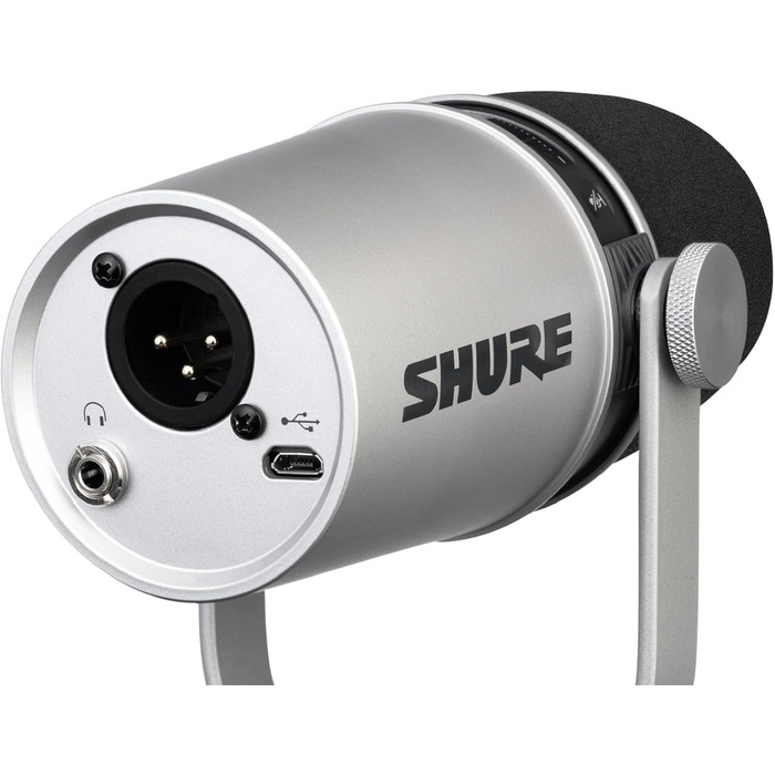 Мікрофон Shure MV7+ для подкастів, стрімінгу та запису - білий (срібний). USB/XLR, LED-сенсор, автоматичне регулювання рівня звуку, цифровий поп-фільтр