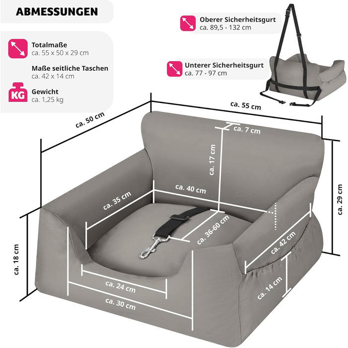Автокрісло для собак tectake®: зручне автоліжко для собак з підсумком, 55 x 50 x 29 см, сіре