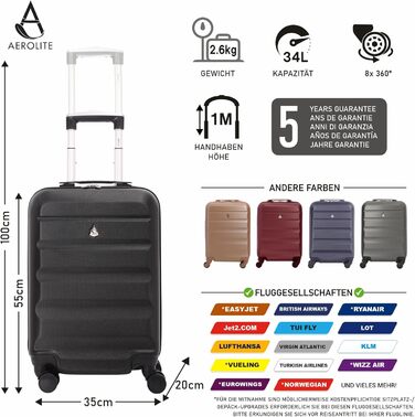 Aerolite XL Large Lightweight ABS Hard Shell 4-Wheel Trolley Suitcase Travel Suitcase Hard Shell Suitcase Rolling Suitcase Luggage, 79cm, (Black, 55cm Carry-on)