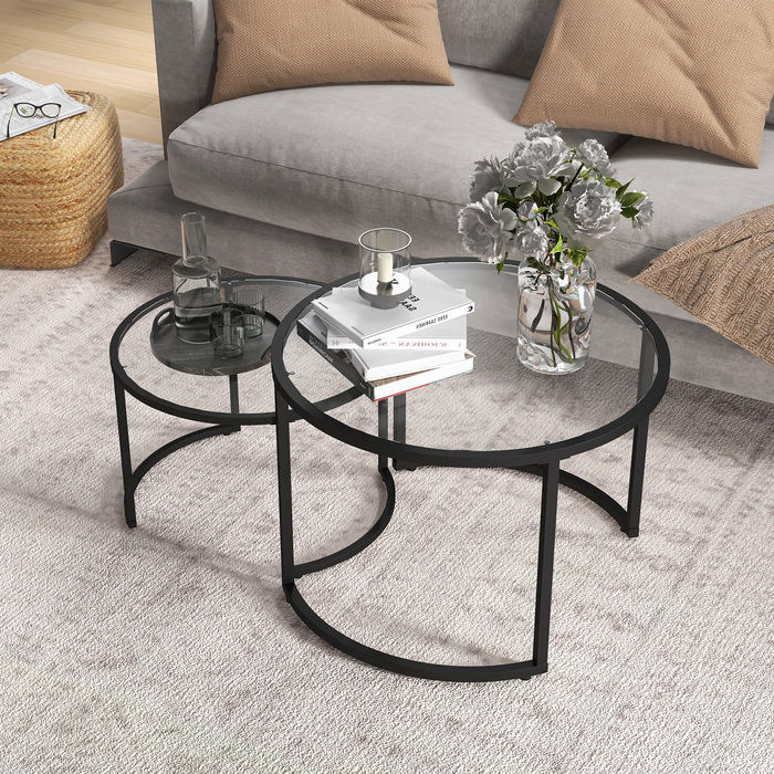 HOMCOM Set of 2 Side Tables with Black Steel Frame and Tempered Glass Tabletop, Partially Stackable for Living Room & Lounge