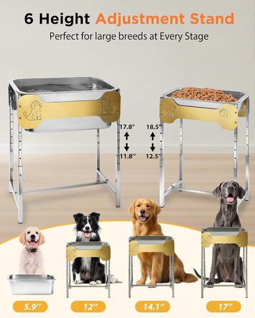 Підвищені годівниці для собак великих та гігантських порід, 2 шт., об'єм 10 л води та 4,5 л корму, 6 регульованих по висоті підставок, миски з нержавіючої сталі для великих собак, зняття навантаження на суглоби, легкі