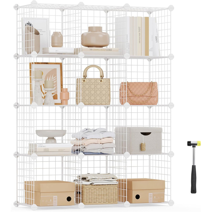 SONGMICS Grid Panel Shelf, Storage System, Cube Shelf, Set of 12 Cubes, for Shoes, Books, Living Room, Bedroom, Expandable, 31 x 93 x 123 cm, White LPI34W