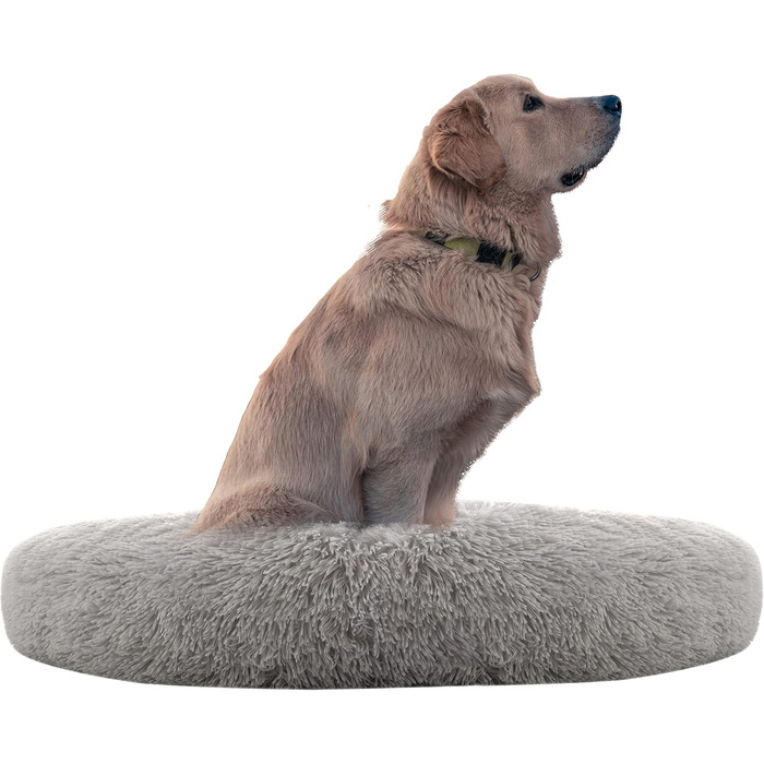 Крісло-гніздо для собак XXXL, кругле, знімний, пральний чохол, анти-тривожне, штучне хутро, м'яке, комфортне, пухнасте ліжко для домашніх тварин (115 см, сірий)