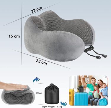 Подушка для шиї Eono з піною Memory Foam, ергономічна, для подорожей, з маскою для сну та навушниками, сіра