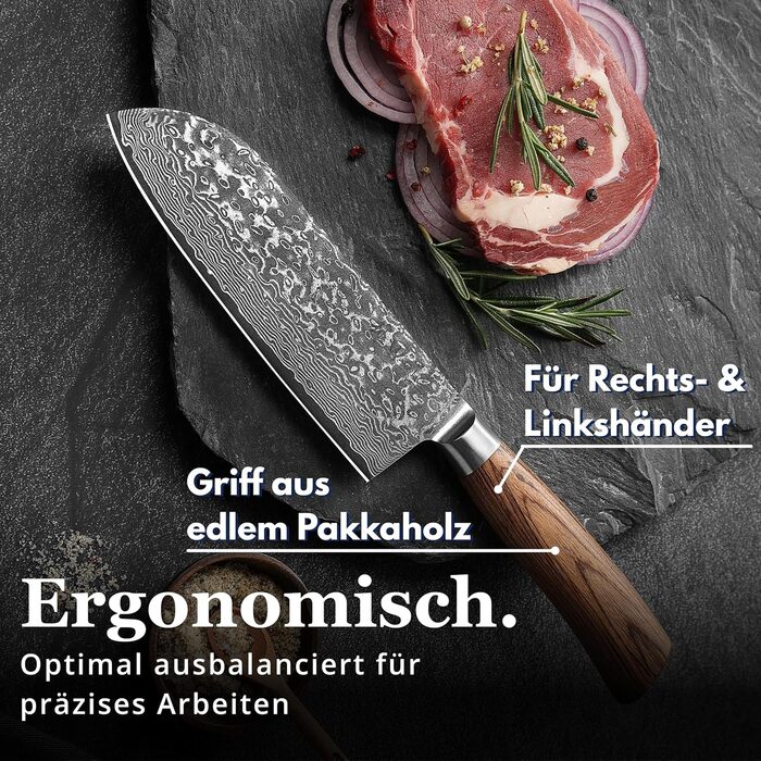 Ніж Santoku Wakoli EDIB Pro Дамаск (VG10) 17 см, рукоять Pakkawood, в подарунковій коробці – для м'яса, риби, овочів