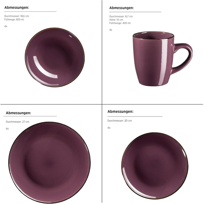 Набір посуду на 4 особи, 16-ти частинний, фіолетовий, з мідним декором