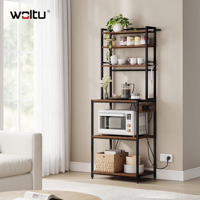 Кухонна полиця WOLTU з 6 ярусами та розетками, мікрохвильова полиця з 6 гачками, полиця пекаря з металевим каркасом, регульовані полиці, Чорний+Рустикальне коричневий, 60 x 167 x 40 см, Чорний+Вінтажний коричневий 60 x 39,5 x 167 см