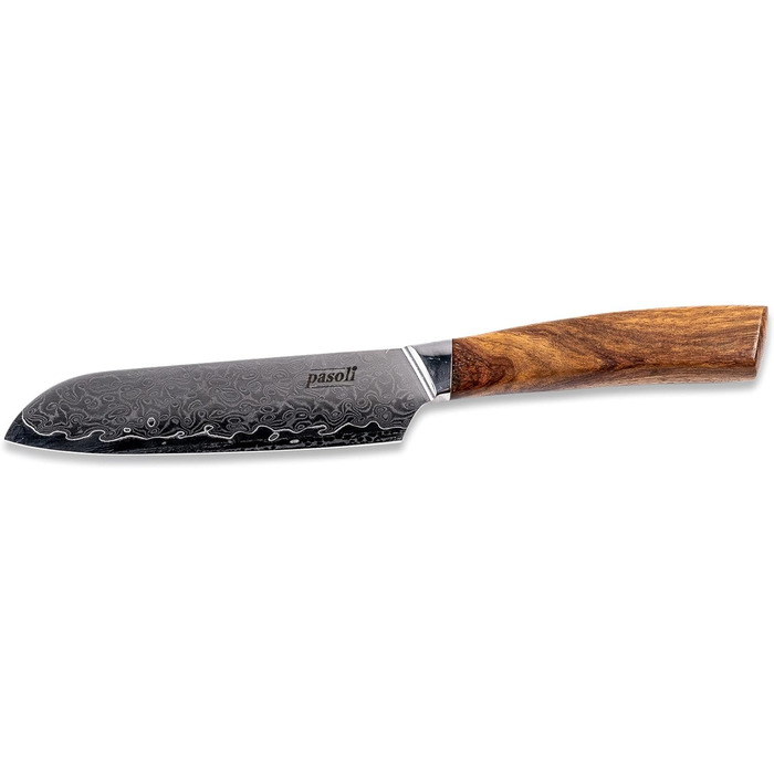 Pasoli Damascus Santoku Knife incl. Blade Protector | 67-Layer VG-10 Damascus Steel | Sharp 13 cm Blade | Elegant Wooden Handle | Ideal Chef's Knife