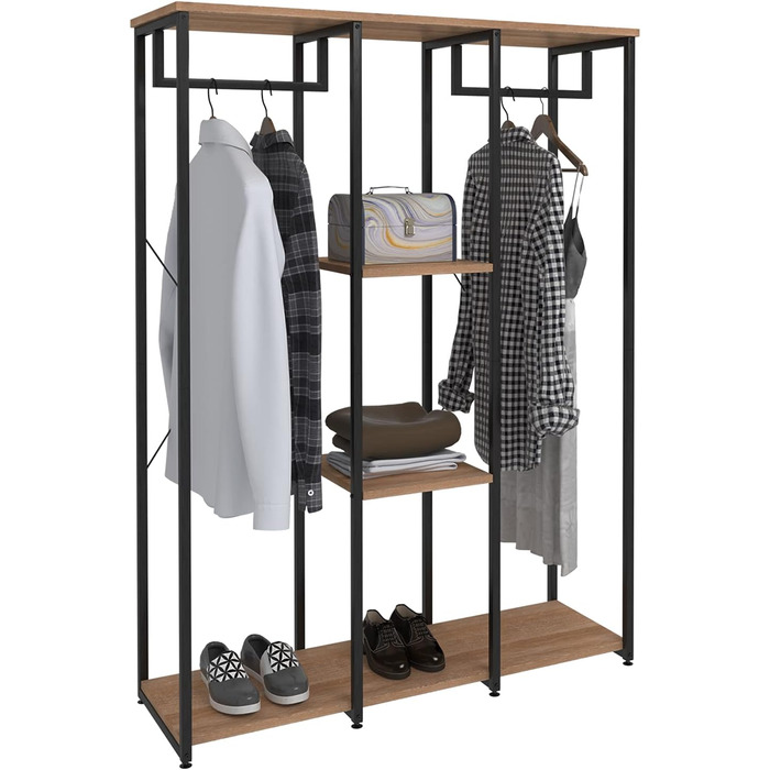 WOLTU XXXL Clothes Rack Freestanding with Shelf, Clothes Rail Wardrobe, Open Clothes Rod with Shoe Shelf for Bedroom, Wood and Steel, Black + Light Oak