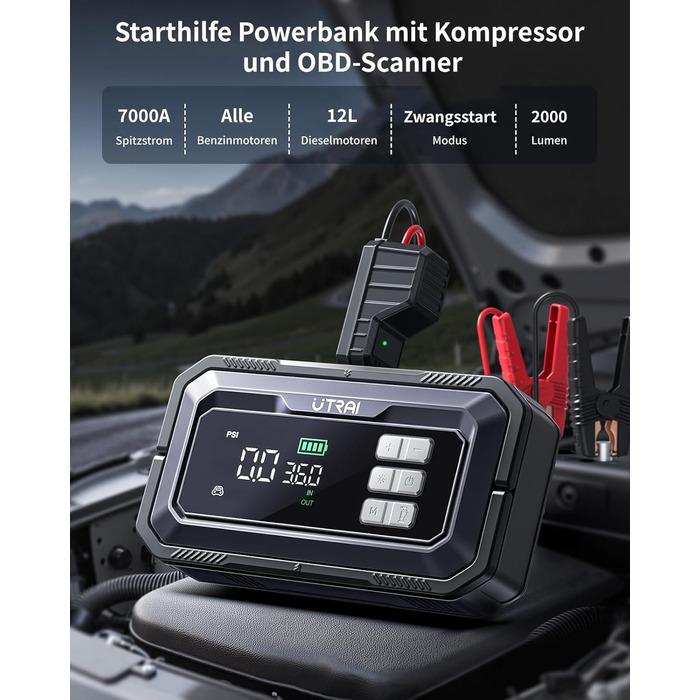 Powerbank для авто UTRAI 7000A з компресором та OBD-сканером: пускозарядний пристрій, LED-ліхтар 2000 люмен, 160W DC вихід (бензин/12L дизель)