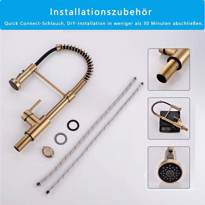 Змішувач для кухні з висувною лійкою, 360° обертання, щіткове золото, одноручний, для кухні