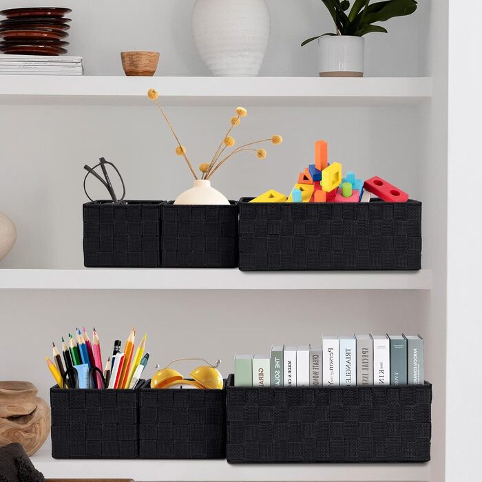 Posprica Drawer Organizer, Handwoven Storage Boxes Closet Divider for Desk, Dresser, Drawers, Cabinets, Cosmetic Organization, 4-Piece Set (Black, 6 Pieces)