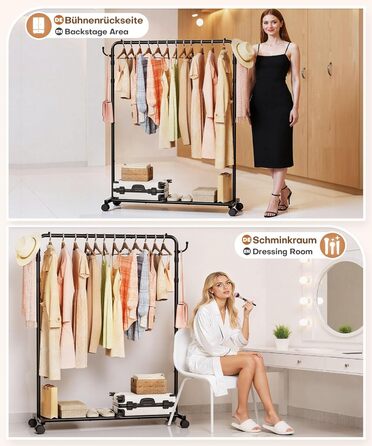 Стійка для одягу на колесах Yorbay: міцна металева вішалка з полицею для багажу. Компактна вішалка для спальні, пральні, магазину (Чорний, 117.5 см)