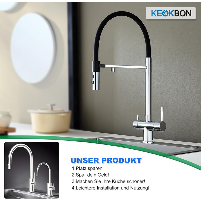 3-шляховий змішувач для кухні з поворотним гусаком 360°, 2 функції (злив/душ), 3-в-1, з двома ручками, для фільтрації води, з міді та нержавіючої сталі, хром, з магнітною насадкою для душу