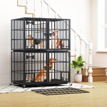 Клітка для собак, переноска для собак з піддоном, клітка-роздільник, клітка-ґратка з 2 дверцятами та піддоном, подвійна клітка 2 в 1 для великих та середніх собак, 107 x 73 x 69 см, чорний L
