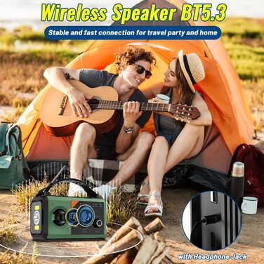 Портативне радіо Bluetooth з підзарядкою телефону, сонячне, AM/FM. 8 в 1: Powerbank, SOS, ліхтарик, компас, читальна лампа, роз'єм для навушників. Трав'яно-зелене