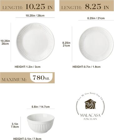 Набір посуду Malacasa Leila для 6 осіб, 24-елементний сервіз з порцеляни з ручним рельєфним дизайном, білий. Підходить для мікрохвильової печі та мийки посуду.