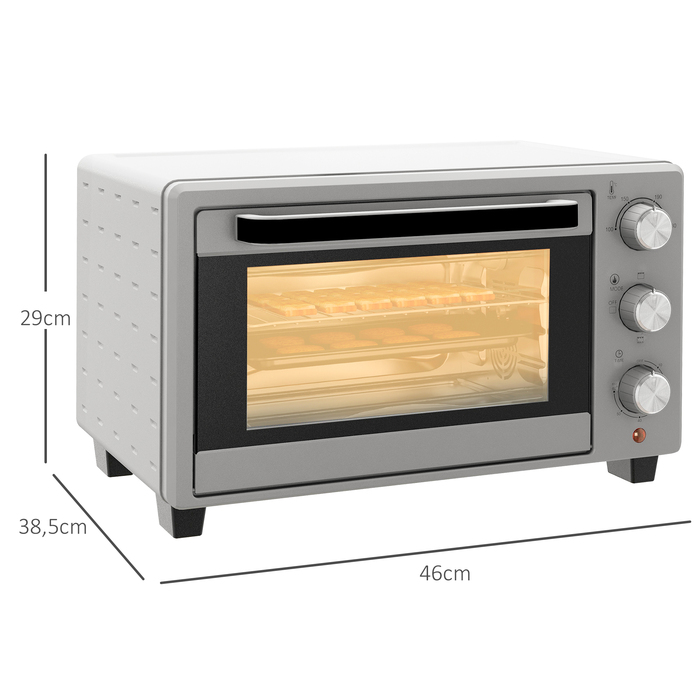 HOMCOM 21L Small Oven, 100°C-230°C, 1 Hour Timer, with 3 Cooking Modes, Wire Rack, Baking Tray, Stainless Steel, 46L x 38.5W x 29H cm, Silver | Aosom