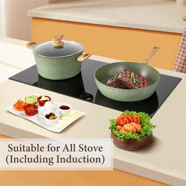 Kitchen Academy 17-Piece Induction Cookware Set with Grill Plate, Green Granite Pots and Pans, Non-Stick Coated, Healthy Non-Stick Cookware Set 17 PCS Cookware Set Green