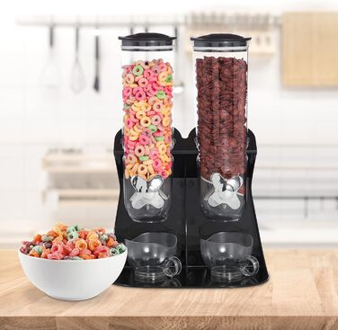 Relaxdays Double Cereal Dispenser, Cereal Dispenser for Muesli, Cornflakes, Sweets, Snack Dispenser Plastic, Black, 1 Piece