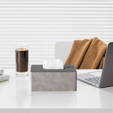Скляниця для серветок з PU-шкіри, квадратна, сірого кольору з імітацією дерева, 25x14x10 см. Підходить для дому, ванної кімнати, вітальні, спальні, авто та офісу