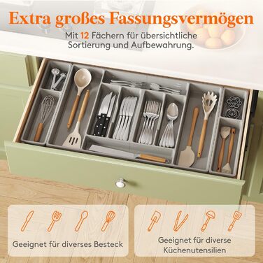 Органайзер для столових приборів Lifewit, 51.6x42 см, на 60 приборів, знімний тримач для кухонного начиння, пластиковий лоток для ложок, ножів, виделок (81.6 x 42 x 5 см)