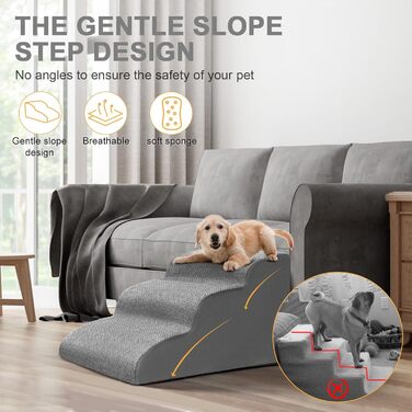 Dog stairs for small dogs, 3 steps pet stairs, cat stairs, sponge dog ramp for sofa bed, dog steps with removable cover, washable pet ladder, lint roller included, grey