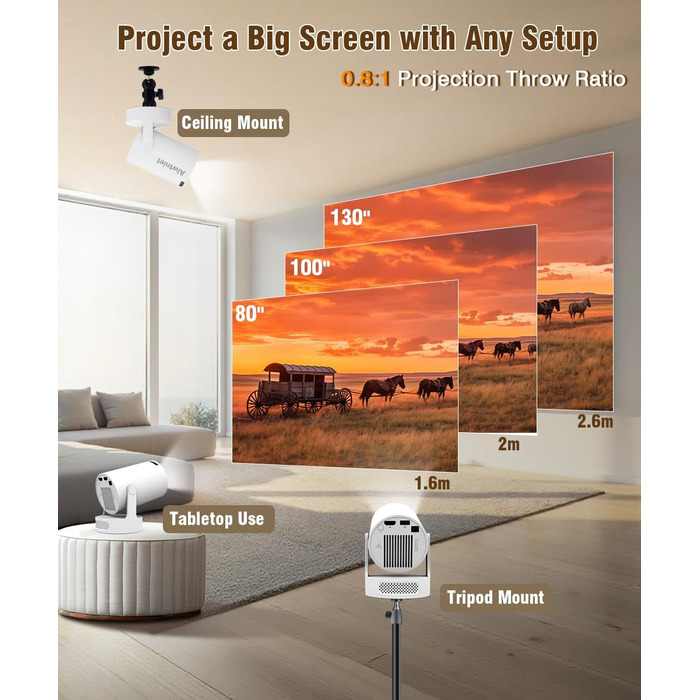 Проектор 4K Mini Android 11.0 5G WiFi 6 BT 5.0 з автокоррекцією трапецеїдальних спотворень та динаміком 5W. Підтримка 4K, 1080P Full HD, WiFi 6, Bluetooth 5.0, Android 11.0.
