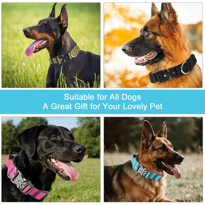 Тактичний нашийник для собак Ledeak з ручкою, регульований, широкий, з м'якою підкладкою, надійний, з металевою застібкою, для дресирування (фіолетовий, синій, L)