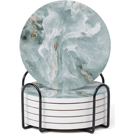 Set of 6 abstract dark blue marble coasters with holder, absorbent ceramic coasters for drinks, coasters with cork backing for table protection, housewarming gifts (Abstract Green Marble)