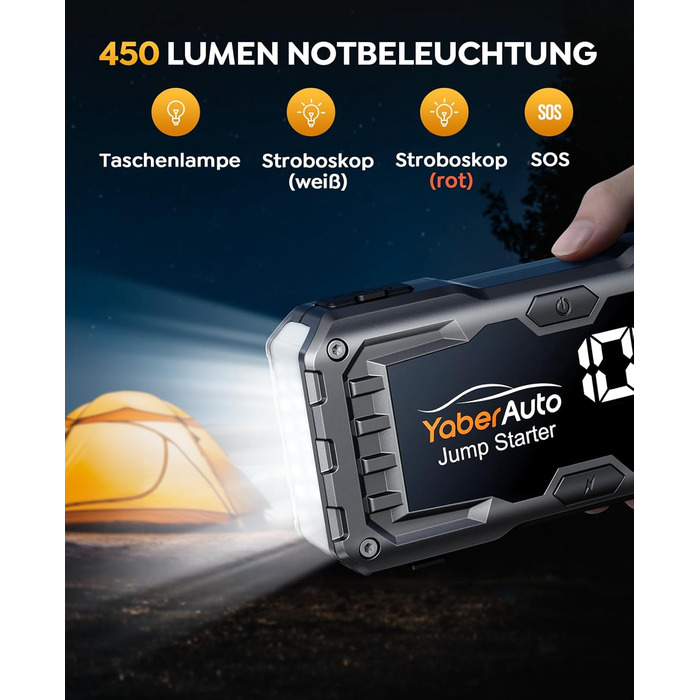 YaberAuto 6000A Powerbank для запуску двигуна авто, 12V, 10.0L бензин/9.0 Diesel, LCD, 450 Lumen, YA100