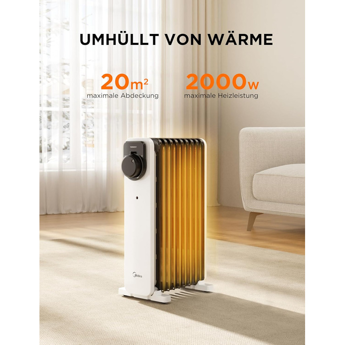 Електричний масляний радіатор Midea 2000W з 9 ребрами, термостатом та захистом від перегріву, 3 режими нагріву, тихий, для дому та офісу