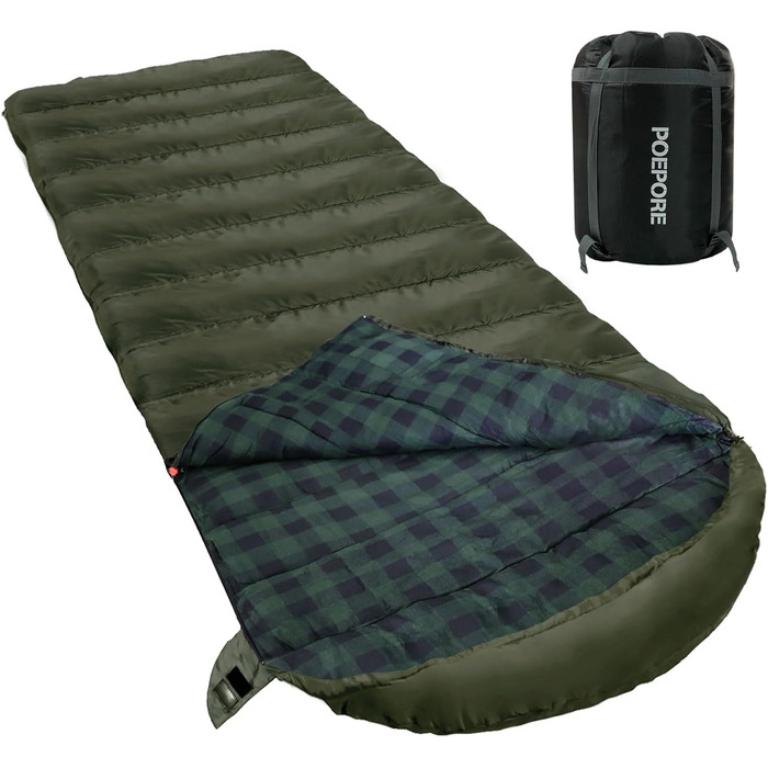Спальний мішок Poepore Outdoor Winter для дорослих, Extra Wide, 3-4 сезони, XXL, теплий, бавовна, фланель, Deckenschlafsack, для кемпінгу, подорожей, пригод, 230 x 100 см, 0°C (Olive-L-Zip, -6°C)