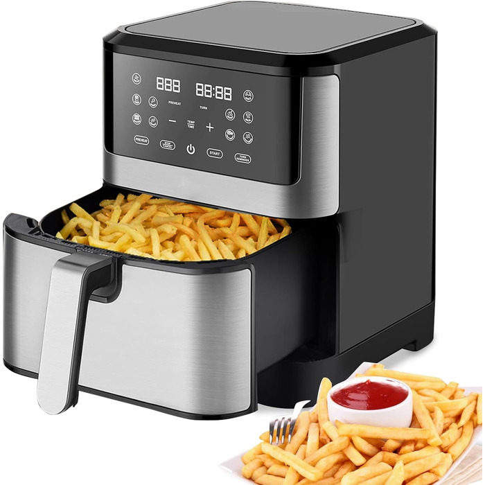 Фритюрниця повітряна XXL 8 літрів | 10-в-1 Airfryer | Розумна фритюрниця | Без олії | Цифровий LED-дисплей | 1500W | Чорний