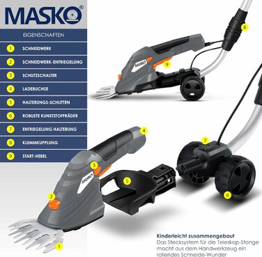 MASKO® Акумуляторні ножиці для трави та кущів 7,2V 2000мА·год, електричний садовий секатор, телескопічна ручка 90-130 см, колеса, зарядний пристрій, рукавички, ножі для трави і кущів