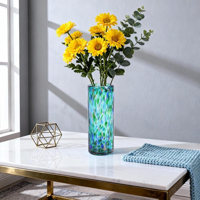 Скляна ваза 22,9 см блакитно-зелена, ручної роботи, сучасний дизайн, для квітів та декору, ідеально для дому та офісу