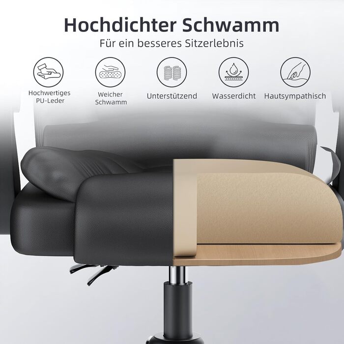 Крісло шеф-кухар Rattantree: ергономічне офісне крісло з регулюванням висоти та нахилу, PU шкіра, чорний колір, без підніжки