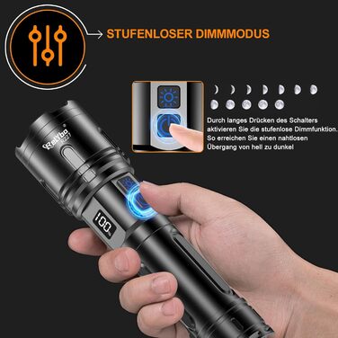 LED ліхтар на акумуляторі XHM90.2 - 500000 люмен, тактичний ліхтар, 2 режими, регулювання яскравості, чорний