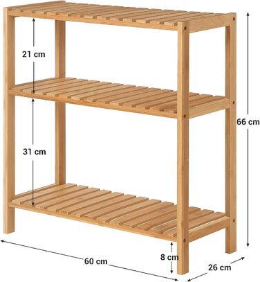 SONGMICS 3-Tier Shelves Bathroom Shelf, Bathroom Rack, Kitchen Shelf, Shoe Shelf, Bamboo Stand Shelf, 60 x 26 x 66 cm ideal for Bathroom, Living Room, Hallway, Kitchen, Balcony BCB33Y