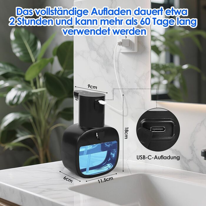 Автоматичний диспенсер для мила, 500 мл, настінний, електричний з датчиком, регульований, чорний для кухні та ванної кімнати